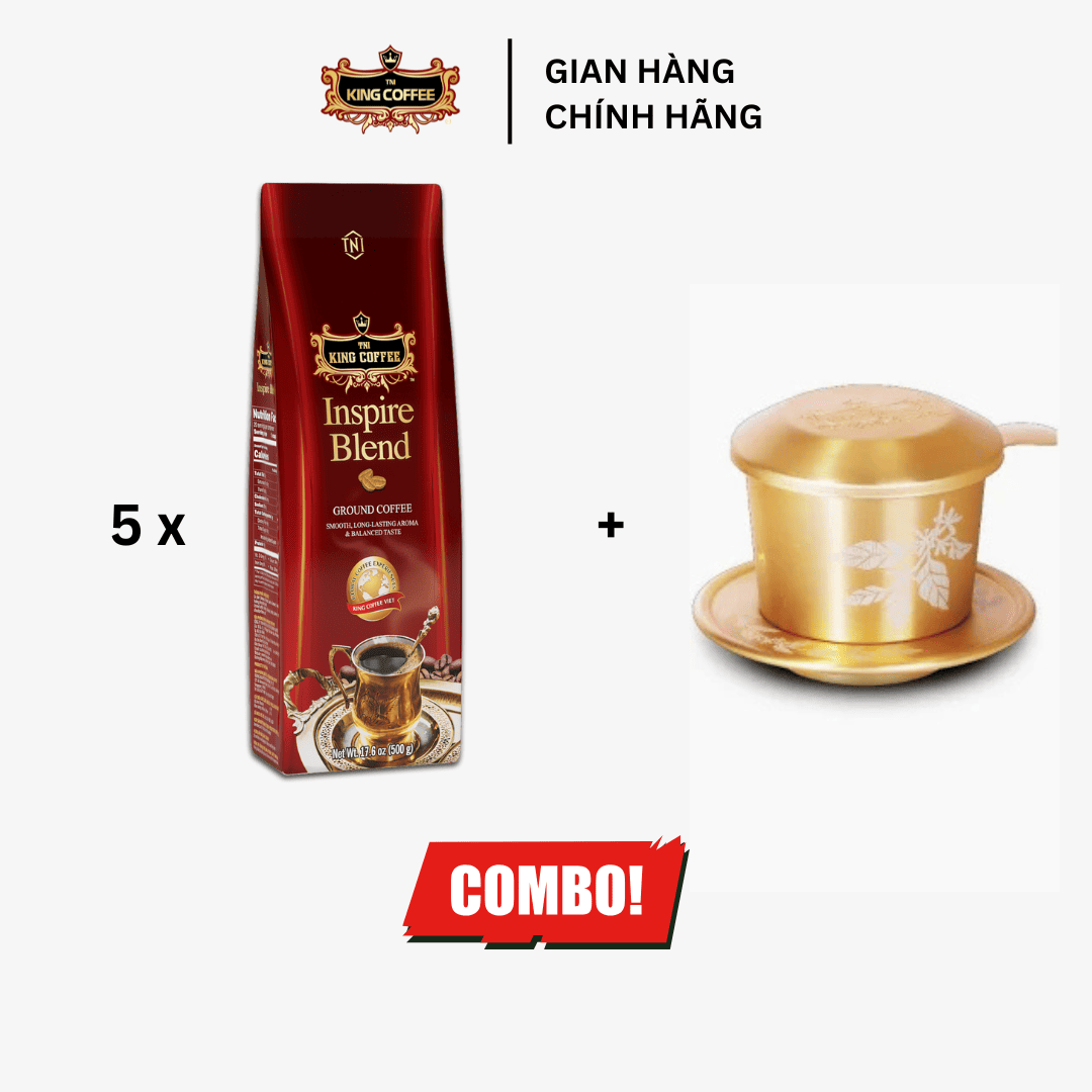 Combo 5 túi cà phê rang xay Inspire Blend KING COFFEE – túi 500g + 1 phin nhôm vàng cao cấp