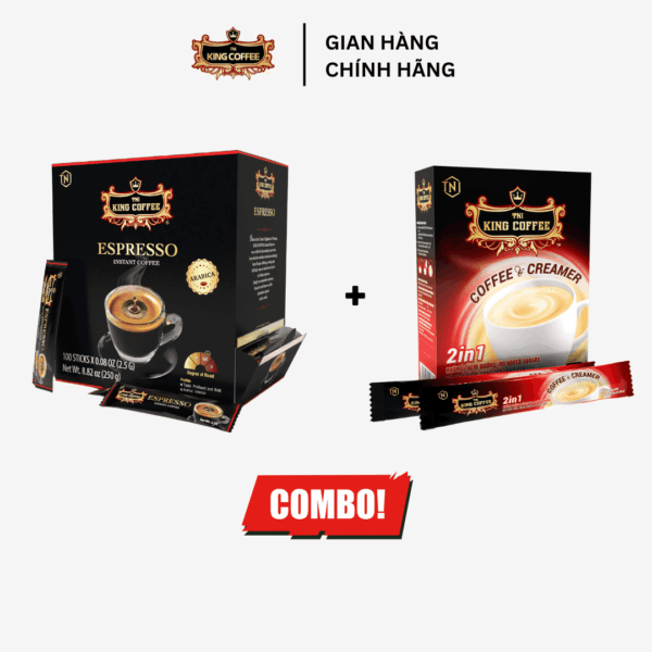 Combo 1 Hộp Cà Phê Đen Hòa Tan Espresso KING COFFEE - Hộp 100 gói x 2.5g + 1 Hộp Cà Phê Hòa Tan 2IN1 Cà phê và bột kem không sữa KING COFFEE - Hộp 15 gói x 10g