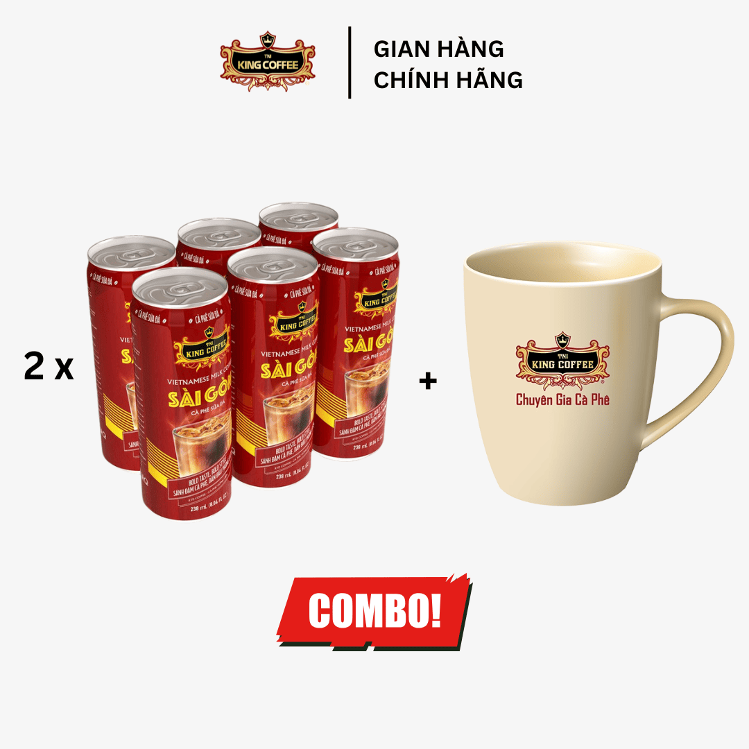 Combo 2 lốc RTD cà phê sữa đá 180ml/lon + tặng 1 combo ly 350ml logo KING COFFEE