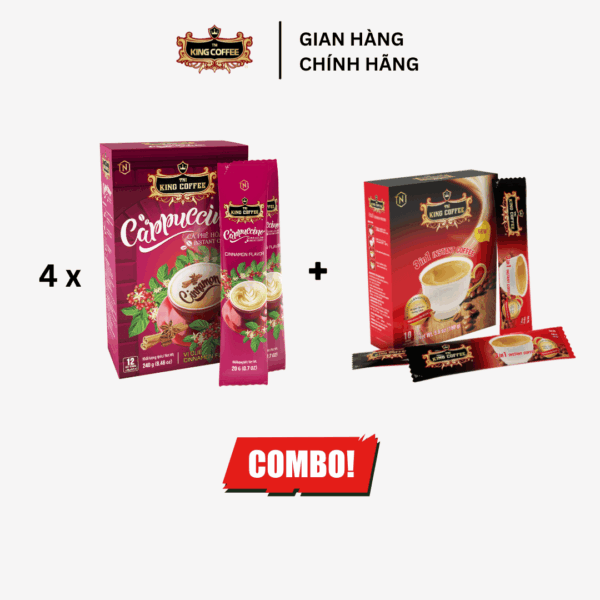 Combo 4 Cà Phê Hòa Tan Cappuccino KING COFFEE - Hộp 12 gói x 20g + Hộp Cà Phê Sữa Plus Hòa Tan 3IN1 KING COFFEE - Hộp 10 gói x 20g