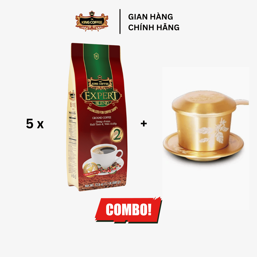 Combo 5 túi cà phê rang xay Expert Blend 2 KING COFFEE – Túi 500g + Tặng phin nhôm vàng cao cấp