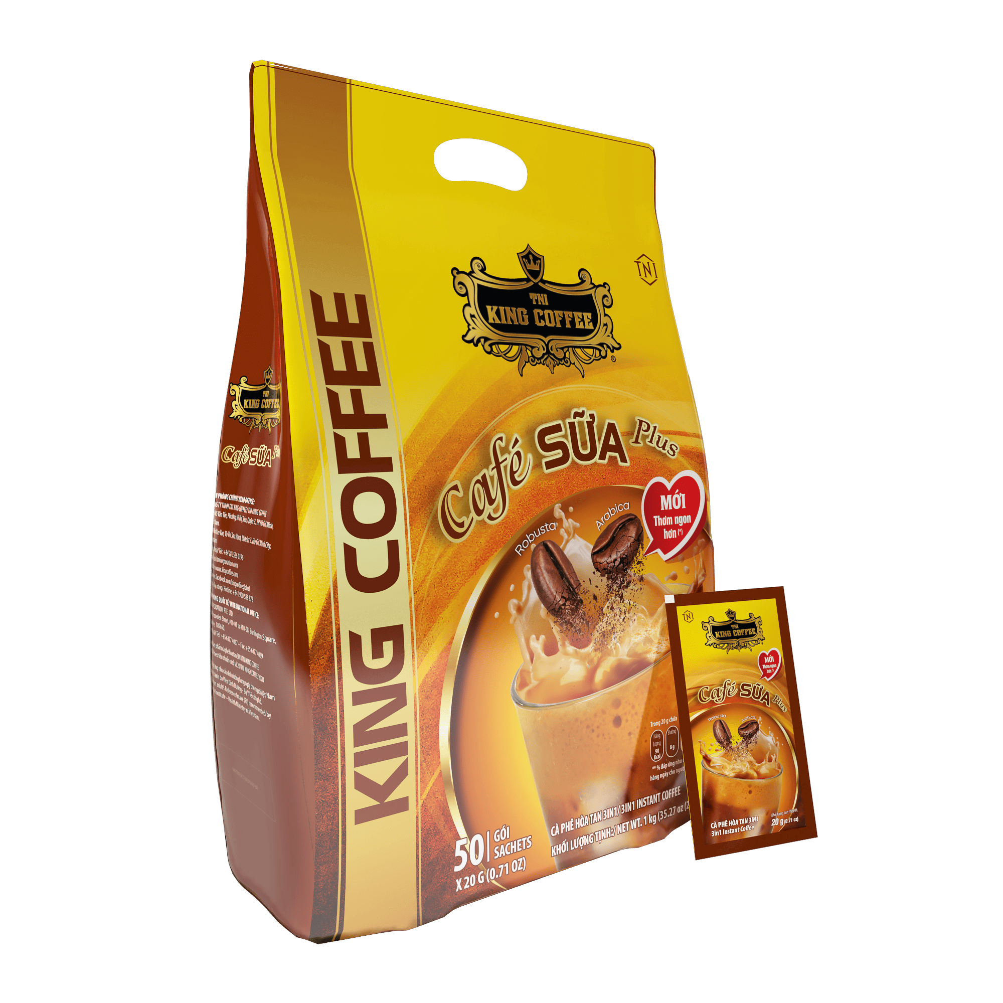 KING-COFFEE-Cafe-SUA-Plus-Tui-1kg-50-sachets-x-20g-mat-trc-sachets-1.png Túi Cà Phê Sữa PLUS Hòa Tan 3IN1 KING COFFEE - Túi 1kg (50 gói x 20g)