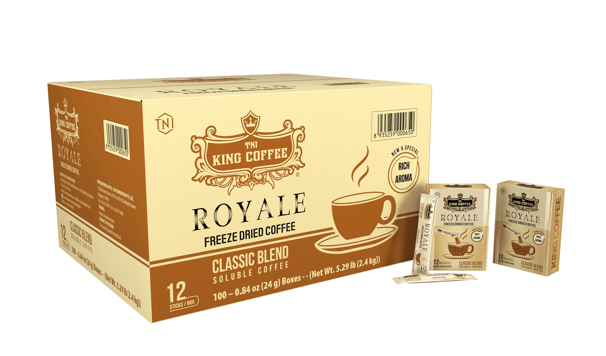Thùng Cà Phê Hòa Tan Royale Classic Blend KING COFFEE - Hộp 24g (12 gói x 2g)