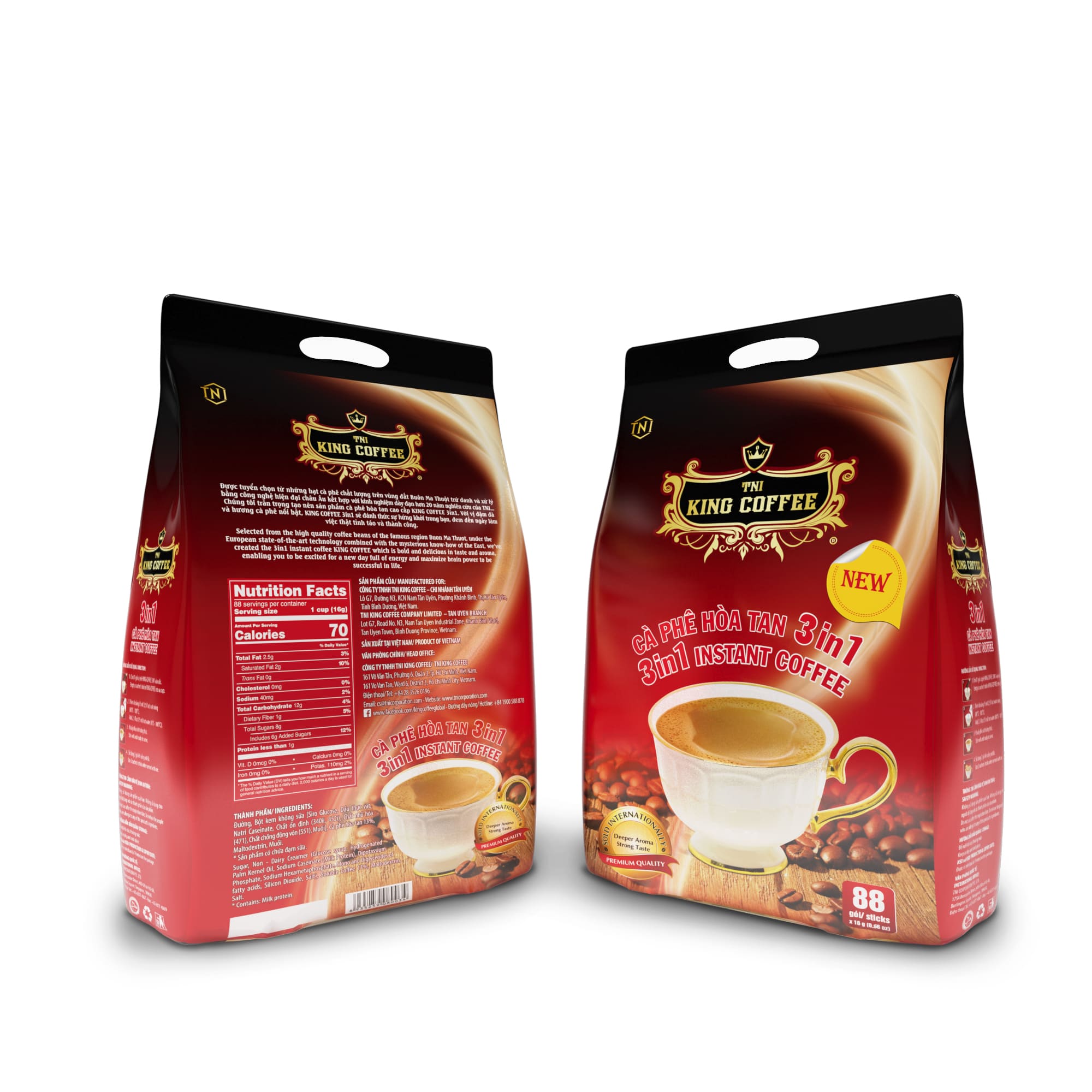 King-coffee-3in1-instant-Bag-88-sticks-x16gr-front-back.jpg Mặt trước Cà Phê Hòa Tan 3IN1 KING COFFEE - Túi 88 gói x 16g