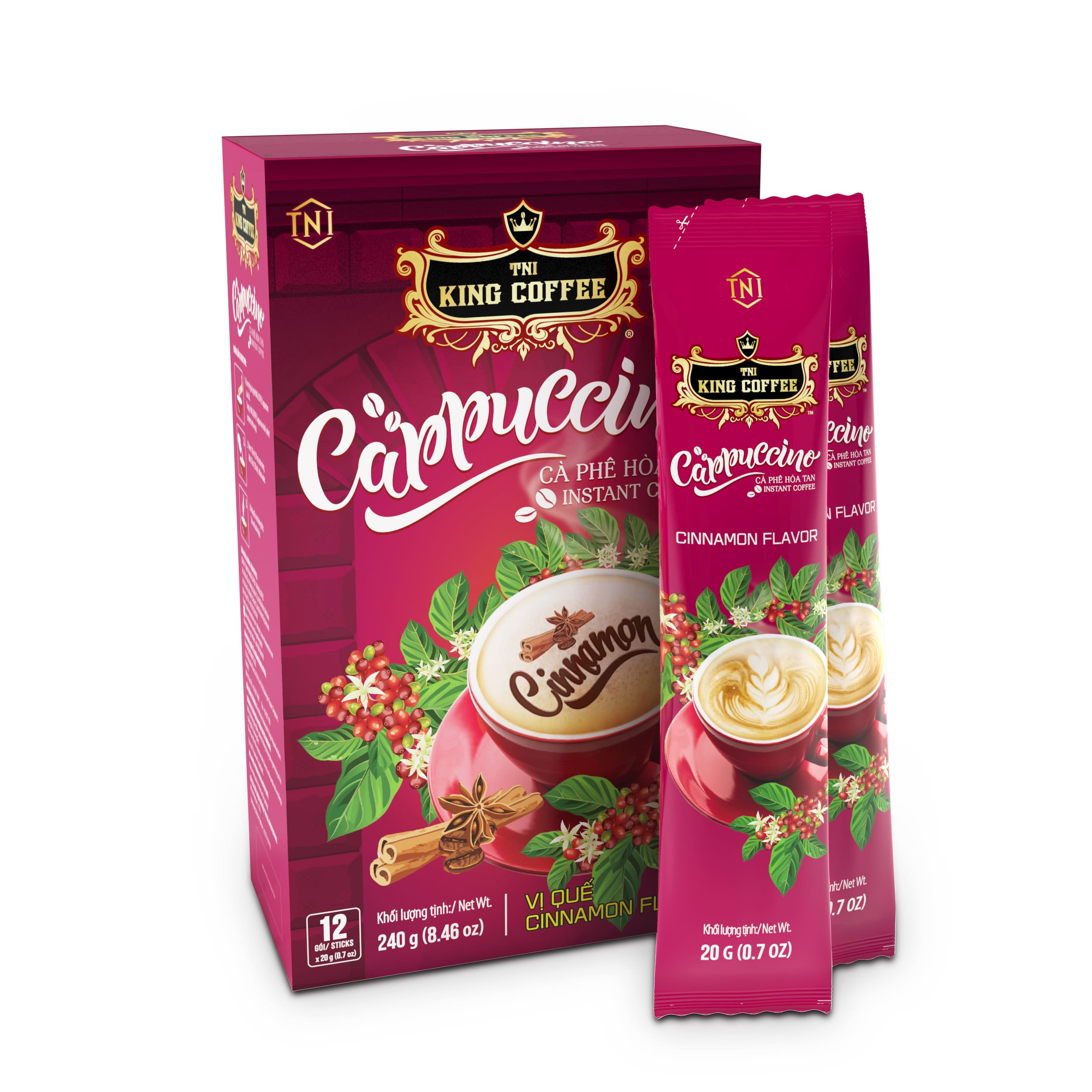 Hộp và gói Cà Phê Hòa Tan Cappuccino KING COFFEE vị Quế - Hộp 12 gói x 20g