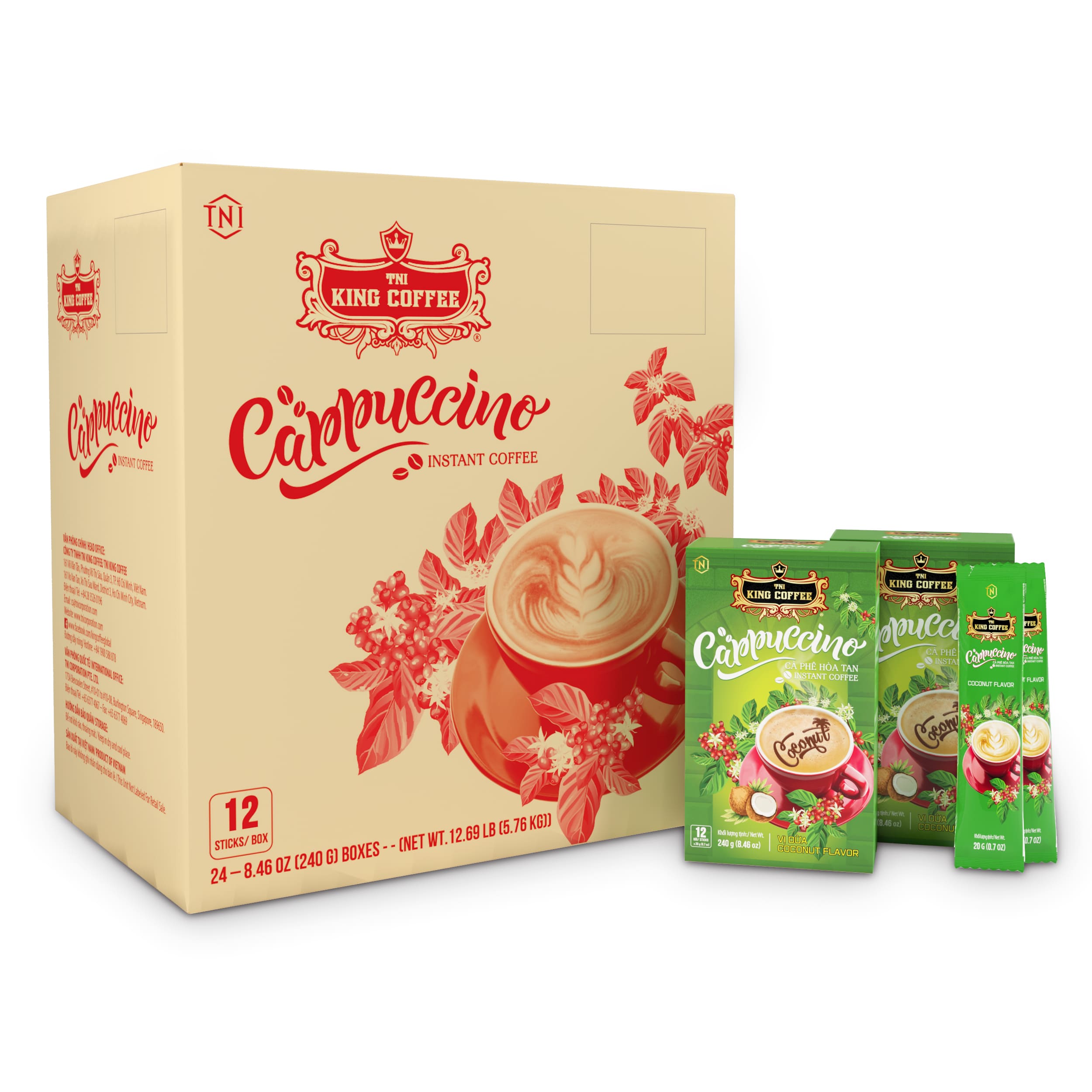 Thùng Cà Phê Hòa Tan Cappuccino KING COFFEE vị Dừa - Hộp 12 gói x 20g