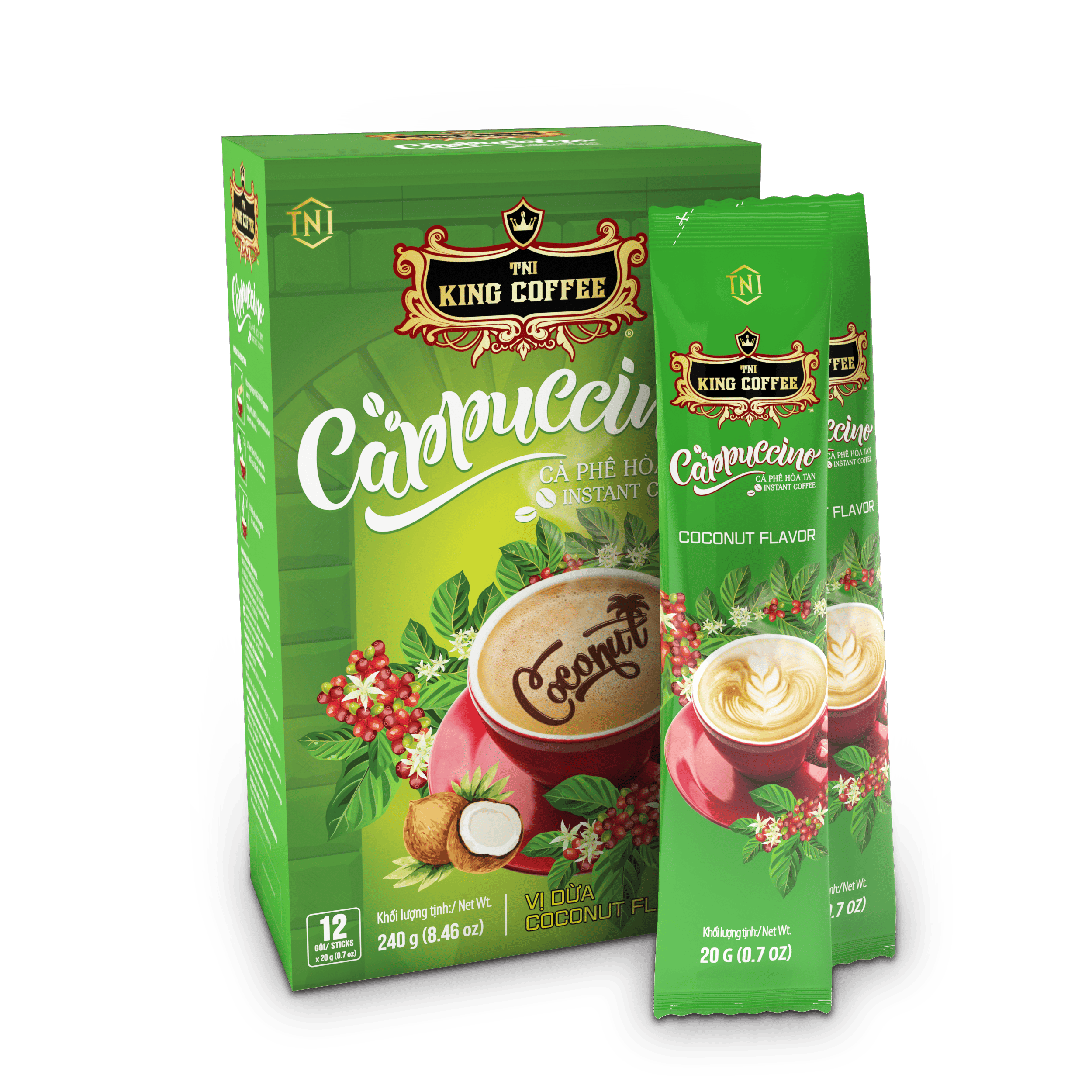 Hộp và gói Cà Phê Hòa Tan Cappuccino KING COFFEE vị Dừa - Hộp 12 gói x 20g