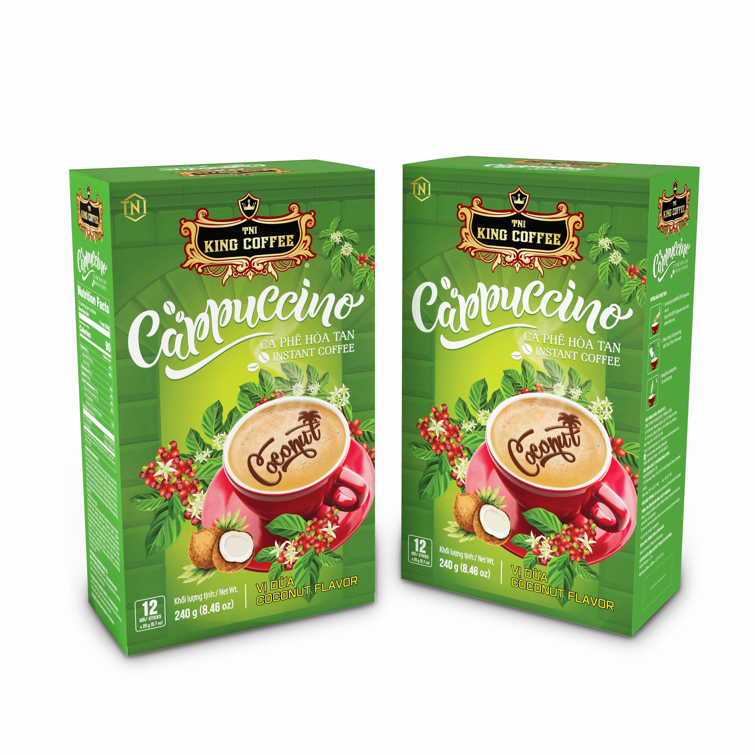 Hộp Cà Phê Hòa Tan Cappuccino KING COFFEE vị Dừa - Hộp 12 gói x 20g
