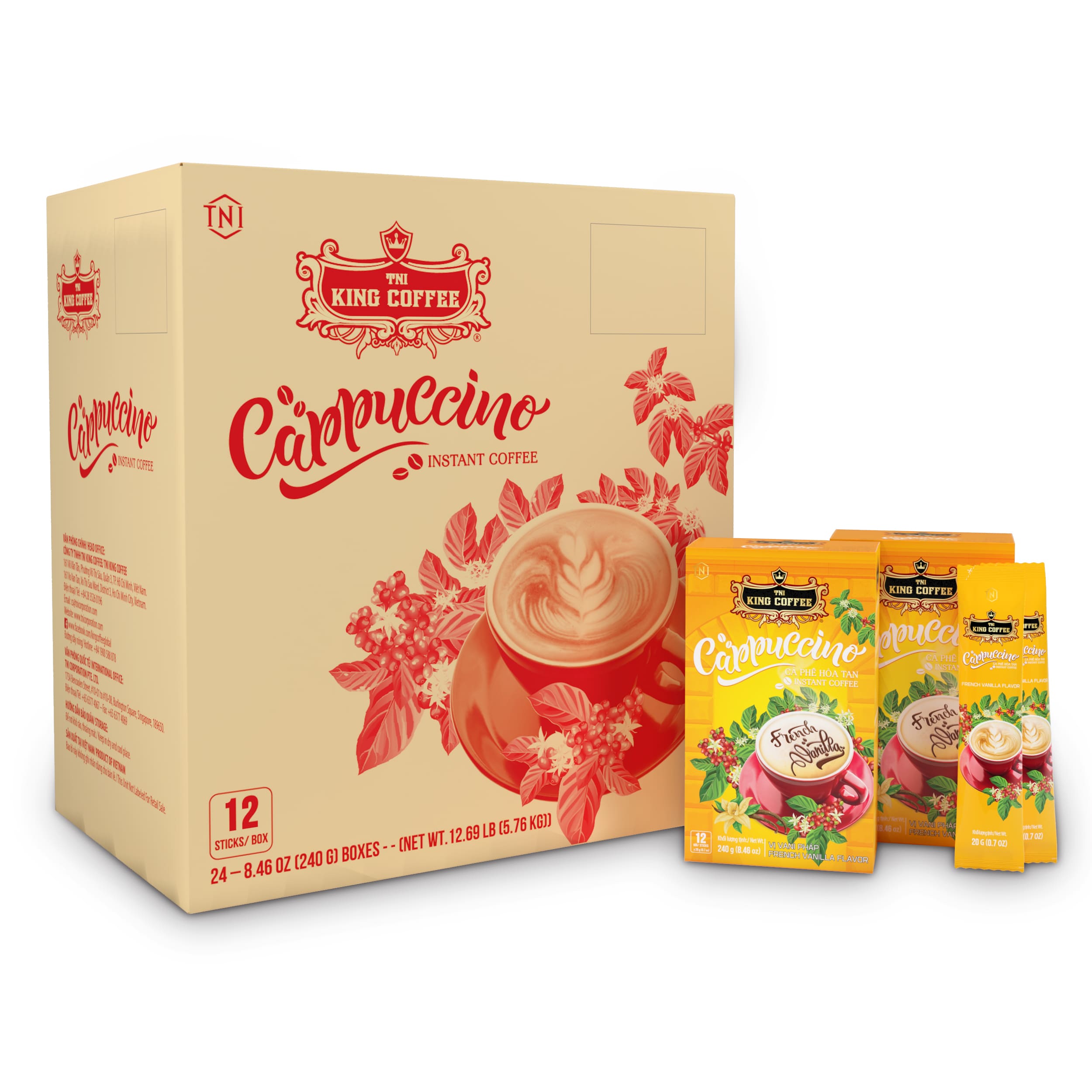 Thùng Cà Phê Hòa Tan Cappuccino KING COFFEE vị Vanilla - Hộp 12 gói x 20g