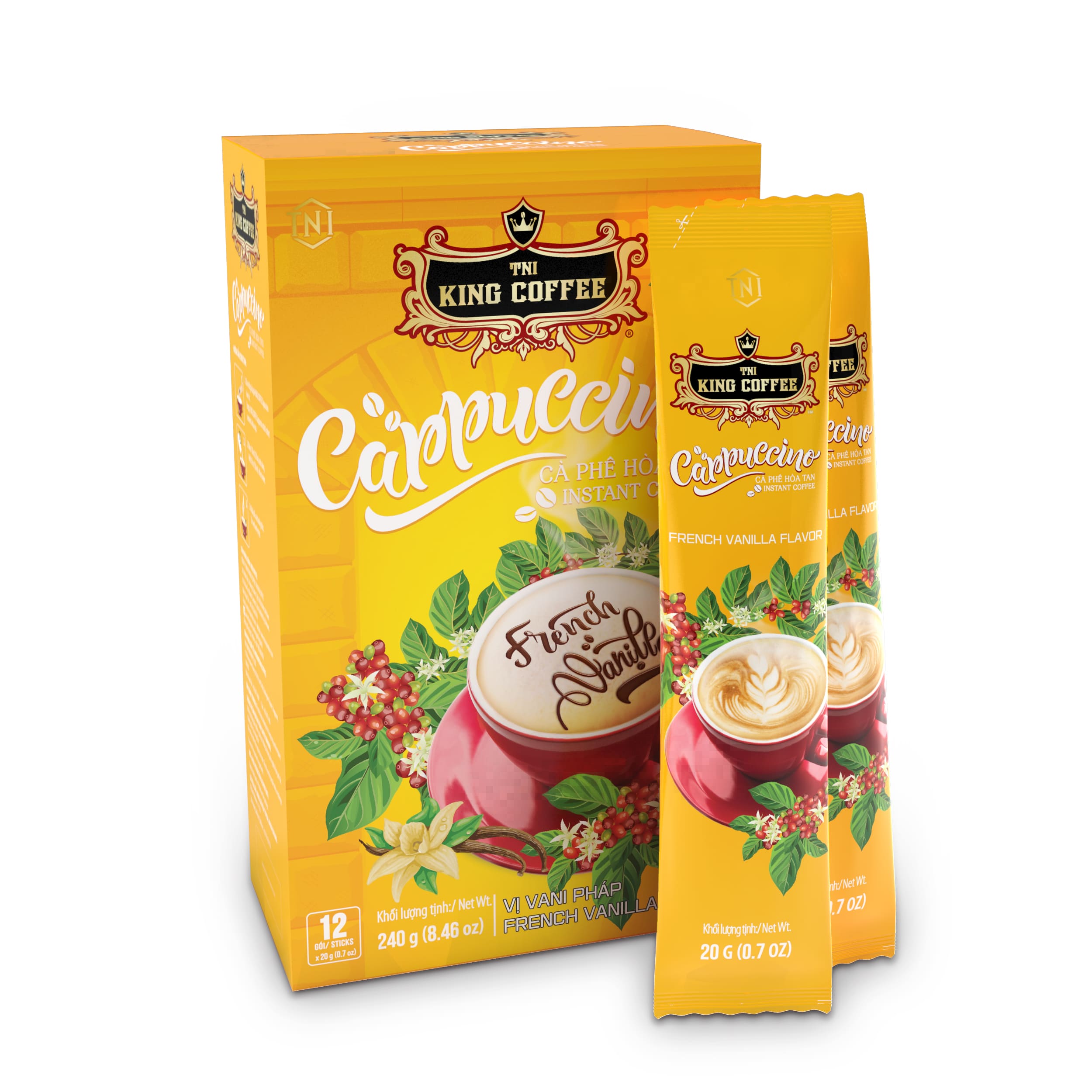 Hộp và gói Cà Phê Hòa Tan Cappuccino KING COFFEE vị Vanilla - Hộp 12 gói x 20g