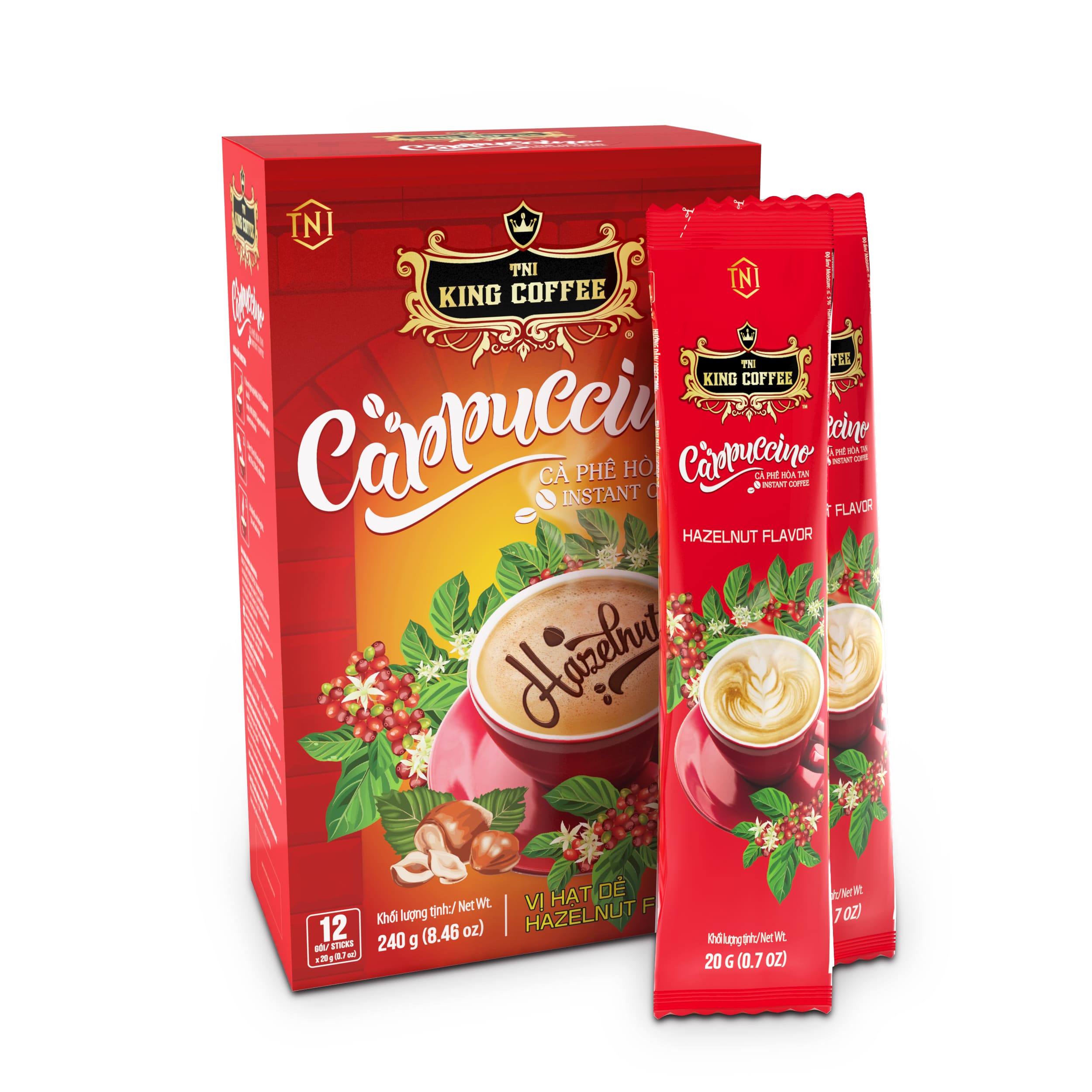 Hộp và gói Cà Phê Hòa Tan Cappuccino KING COFFEE vị Hạt Dẻ - Hộp 12 gói x 20g