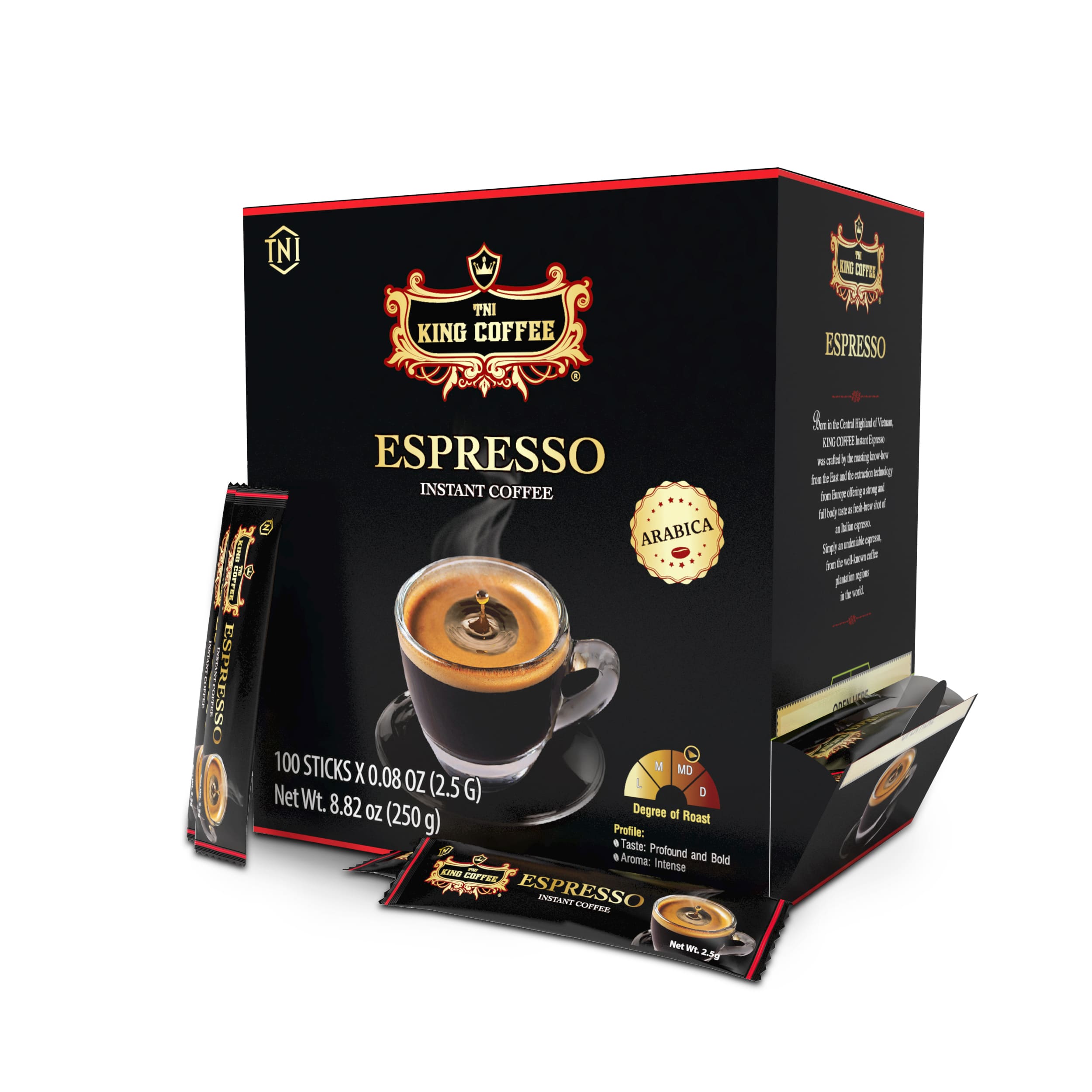 Hộp và gói Cà Phê Hòa Tan Espresso KING COFFEE – Hộp 100 gói x 2.5g