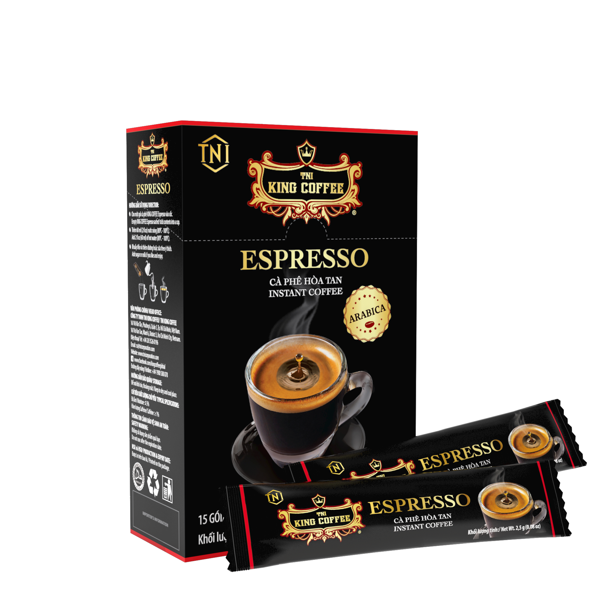 Hộp và gói Cà Phê Hòa Tan Espresso KING COFFEE - Hộp 15 gói x 2.5g