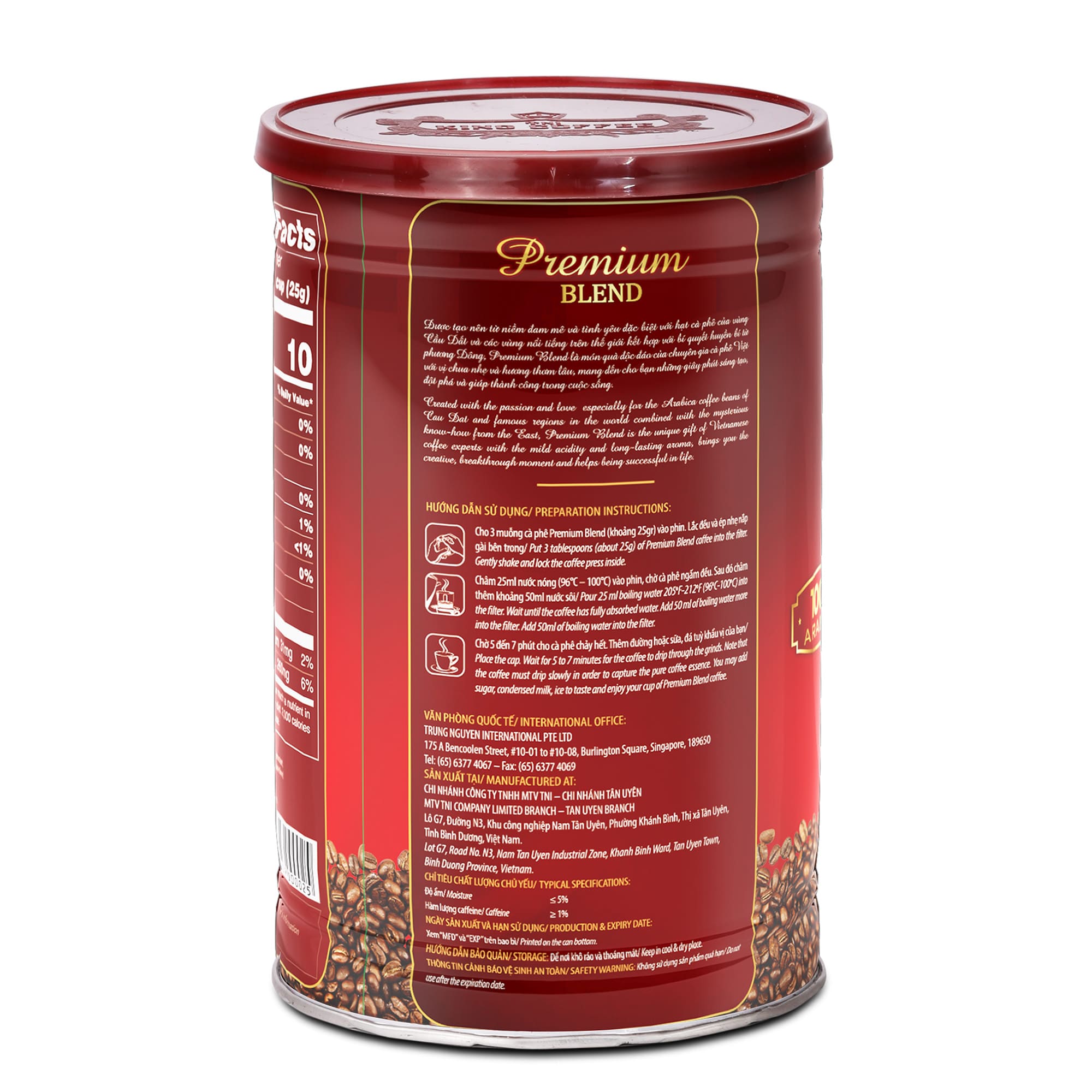 Lon Cà Phê Rang Xay Premium Blend KING COFFEE - Lon 450g