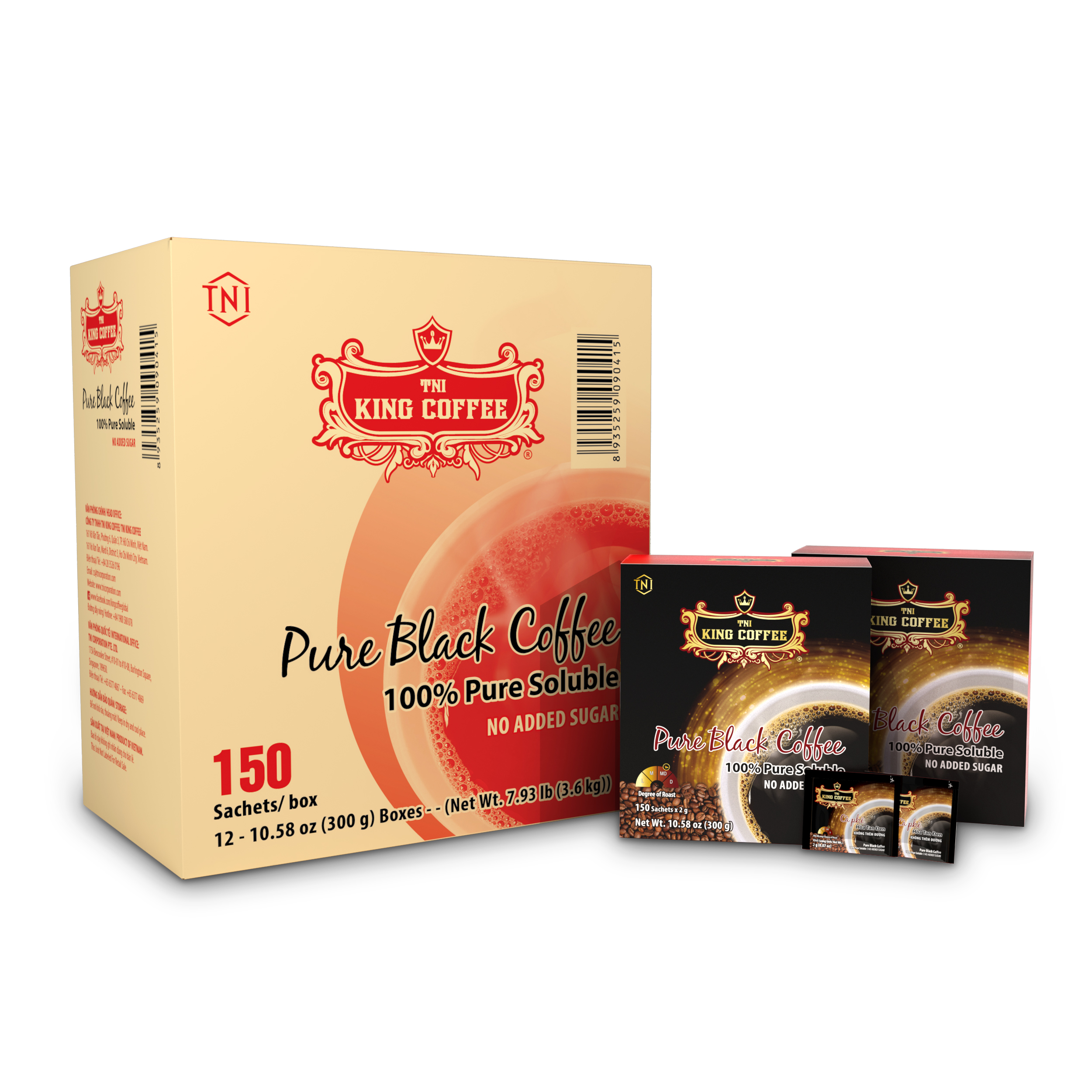 Thùng Cà Phê Hòa Tan Đen Thuần Khiết KING COFFEE – Hộp 150 gói x 2g – Không Đường