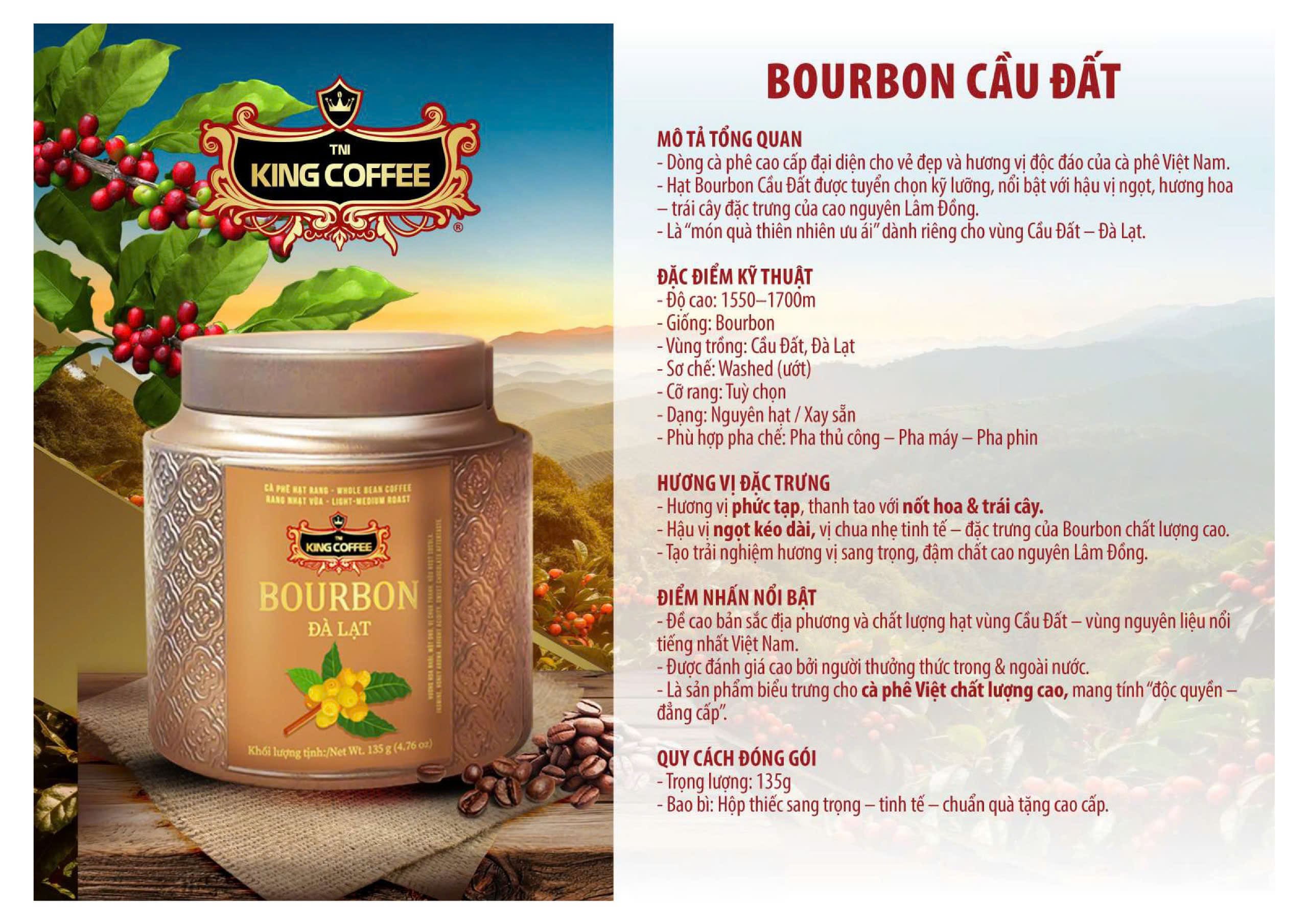KING COFFEE BOURBON Đà Lạt hạt rang - Lon 135g KING COFFEE BOURBON Đà Lạt hạt rang - Lon 135g
